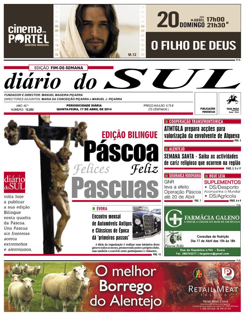 1.ª Página da edição de hoje do jornal Diário do SUL