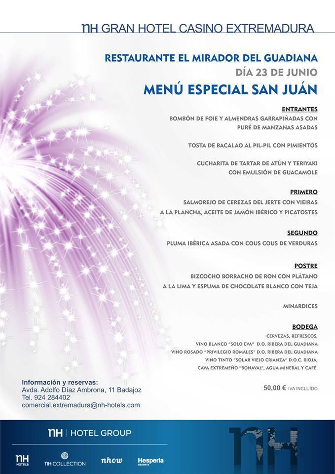 Menú especial San Juan - NH Gran Casino - Restaurante El Mirador del Guadiana