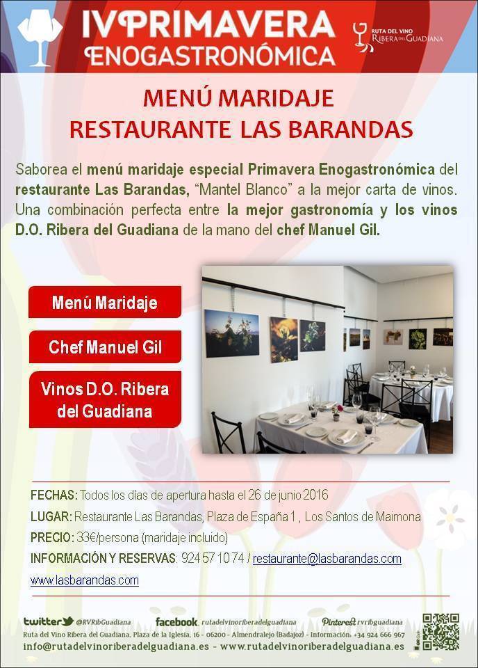 Menú Maridaje en el Restaurante Las Barandas de Los Santos de Maimona