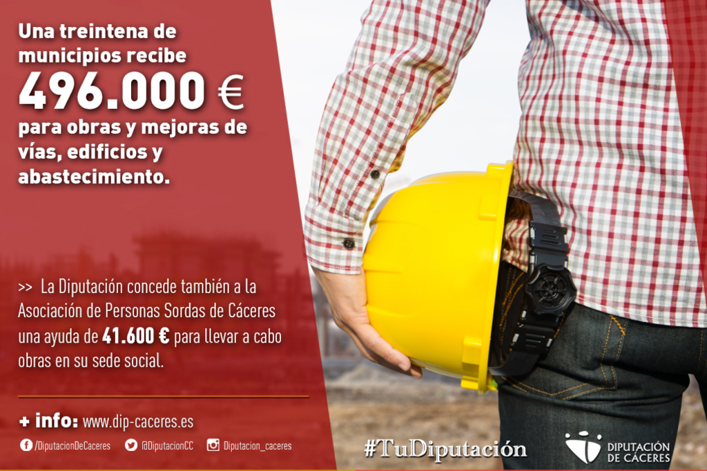 Una treintena de municipios cacereños recibe 496.000 euros para obras y mejoras de vías, edificios y abastecimiento