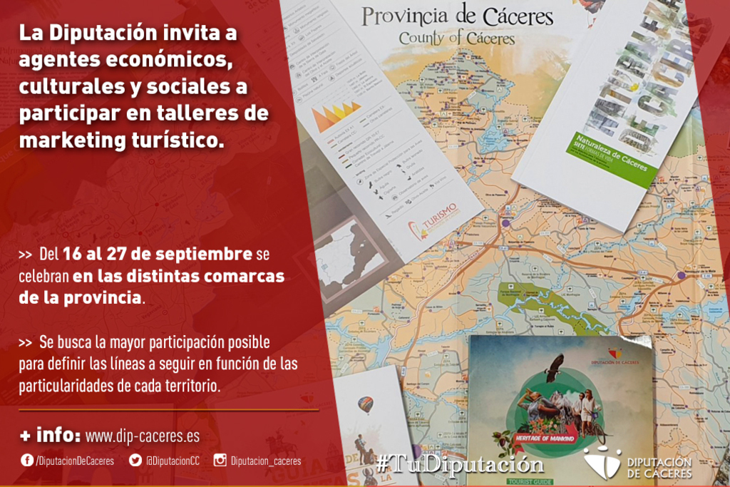 La Diputación de Cáceres invita a agentes económicos, culturales y sociales a participar en un taller de marketing turístico