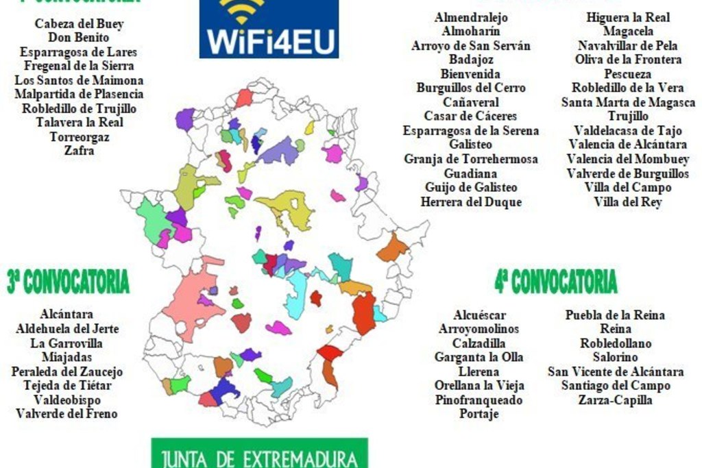 Un total de quince ayuntamientos extremeños acceden a las ayudas de WIFI4EU en la cuarta y última convocatoria