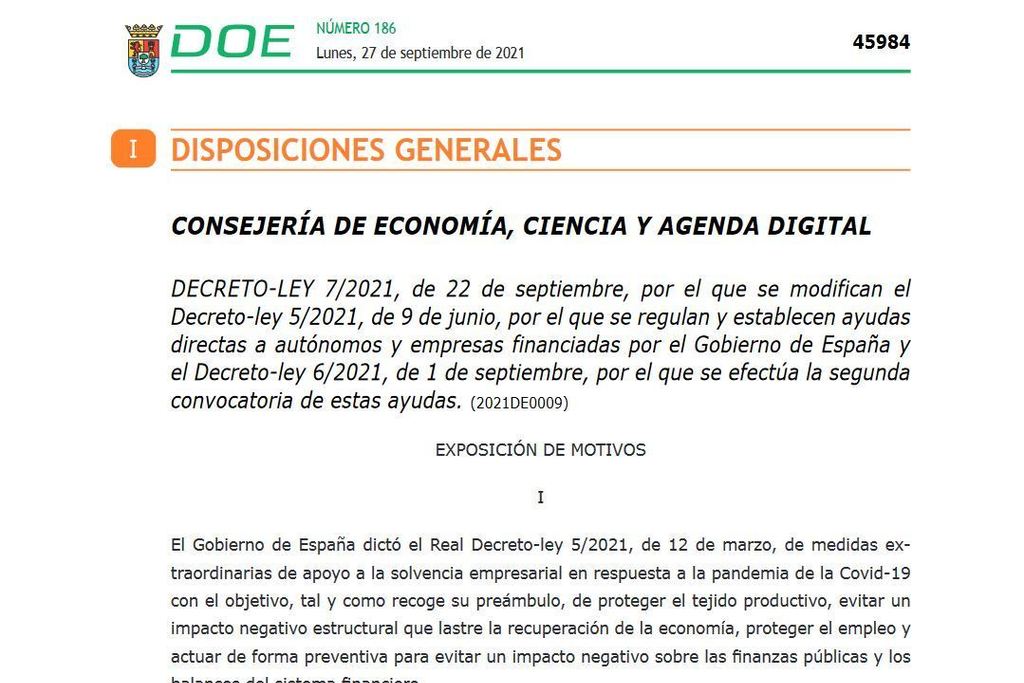 El DOE publica el nuevo decreto ley que flexibiliza los requisitos de las ayudas a la solvencia empresarial en respuesta a la pandemia de la COVID-19