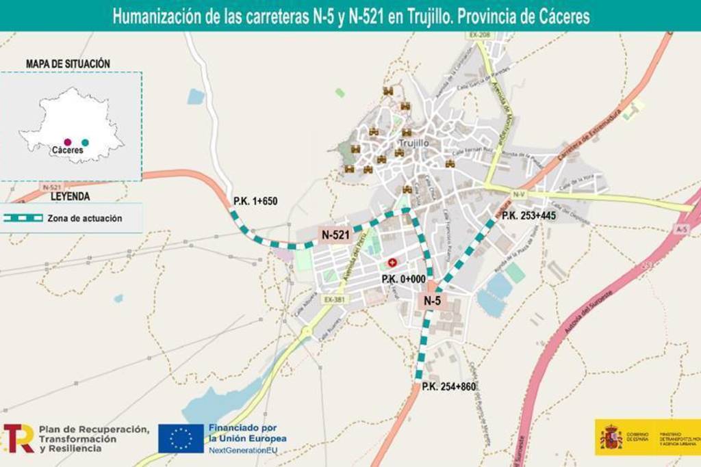 Mitma formaliza por unos 2,5 millones de euros la humanización de las travesías de la N-5 y de la N-521 en Trujillo