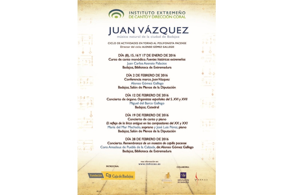 El polifonista pacense Juan Vázquez (s. XVI) contará con un ciclo de actividades en torno a su vida y obra