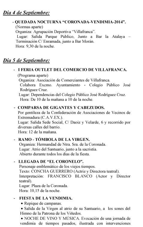 Programación XVIII Fiesta de la Vendimia y tradicional "Velá" de la Virgen Coronada 4 y 5