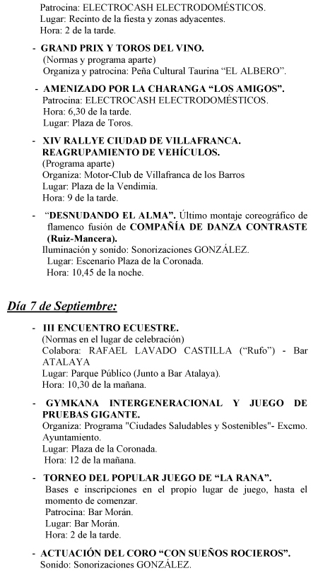 Programación XVIII Fiesta de la Vendimia y tradicional "Velá" de la Virgen Coronada 6 y 7