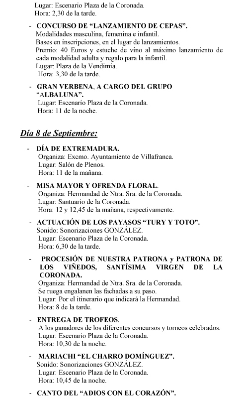 Programación XVIII Fiesta de la Vendimia y tradicional "Velá" de la Virgen Coronada 7 y 8