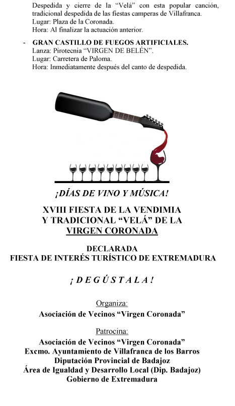 Programación XVIII Fiesta de la Vendimia y tradicional "Velá" de la Virgen Coronada final