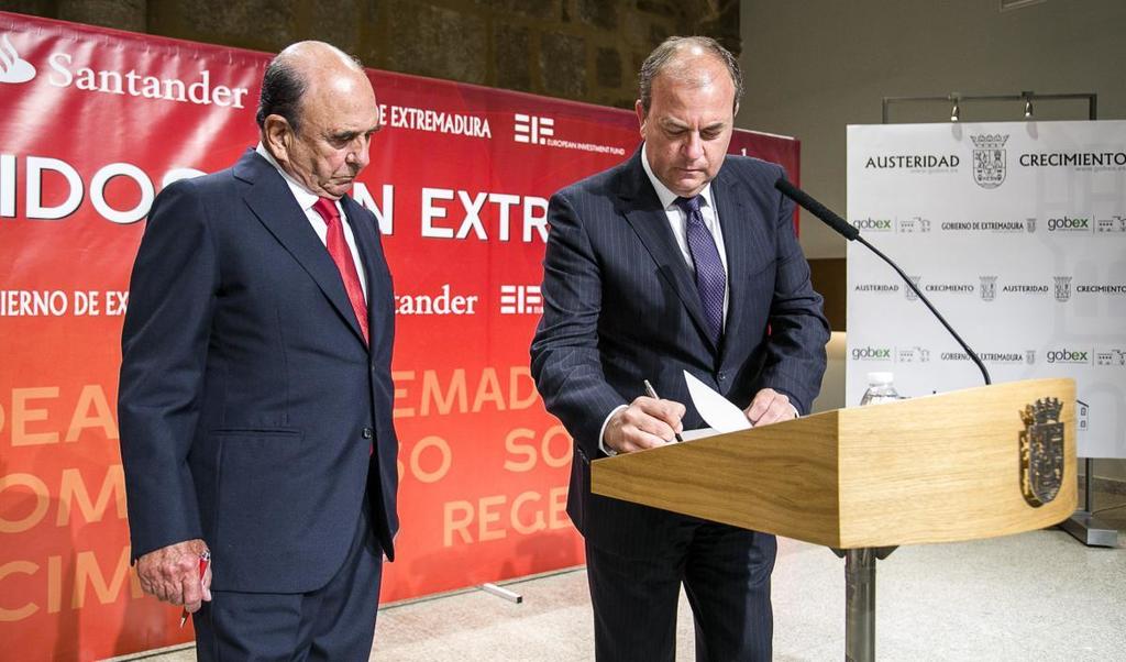 Gobex Acuerdo Monago-Botín El presidente del Gobierno de Extremadura, José Antonio Monago, y el presidente del Banco Santander, Emilio Botín, firman un con