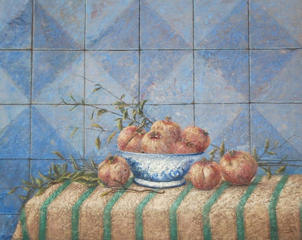 MARÍA ROSA PALACIOS: "Bodegón de granadas". Óleo sobre lienzo (92 x 73 cms.)