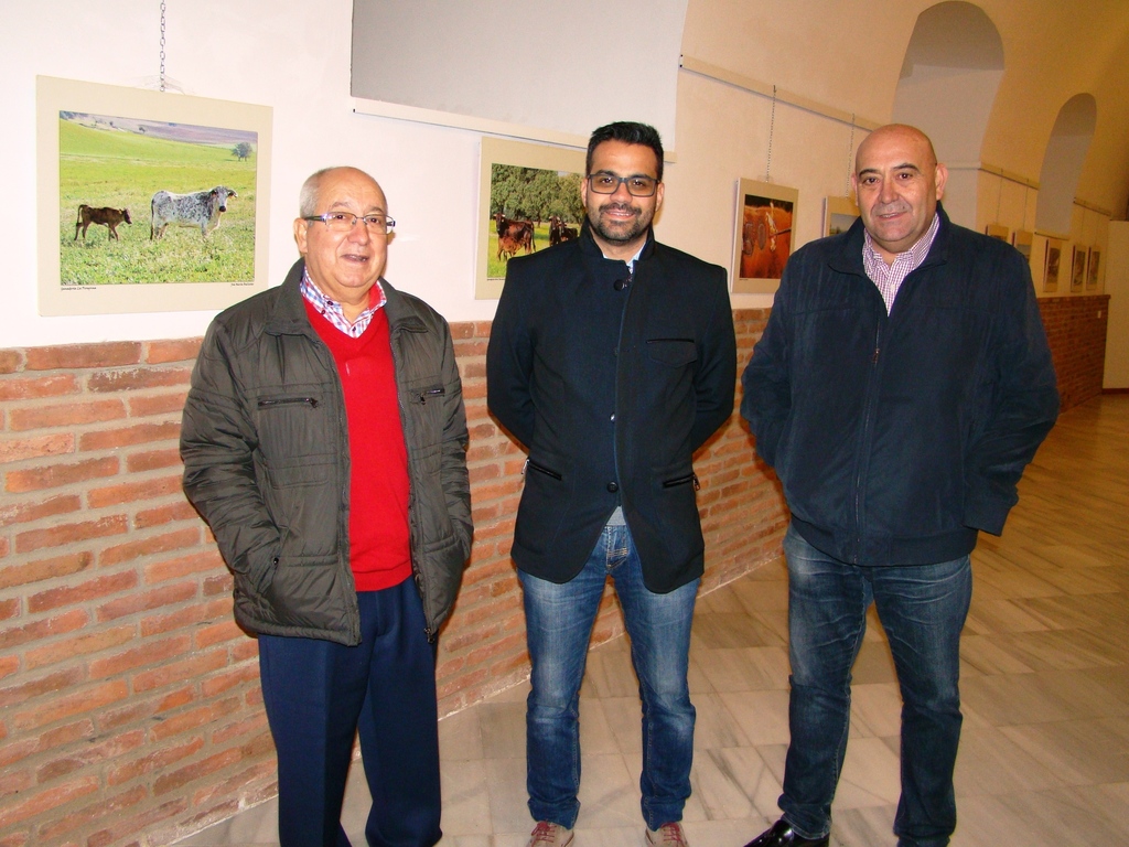 Un momento del acto inaugural de la exposicón de fotografía ''Toros y Dehesa de Extremadura''.De izquierda a derecha José María Ballester, Manuel J González Andrade y Pedro Ledesma Flores