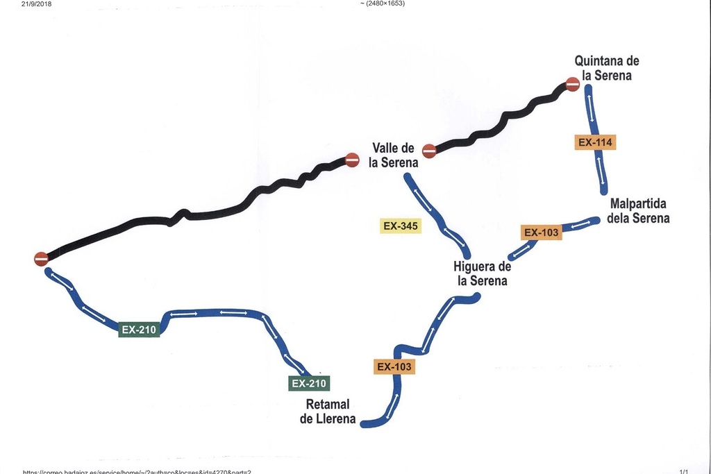 Ampliación del plazo de corte de tráfico en la Carretera Provincial BA-113, de Quintana de la Serena a EX-210 por Valle de la Serena
