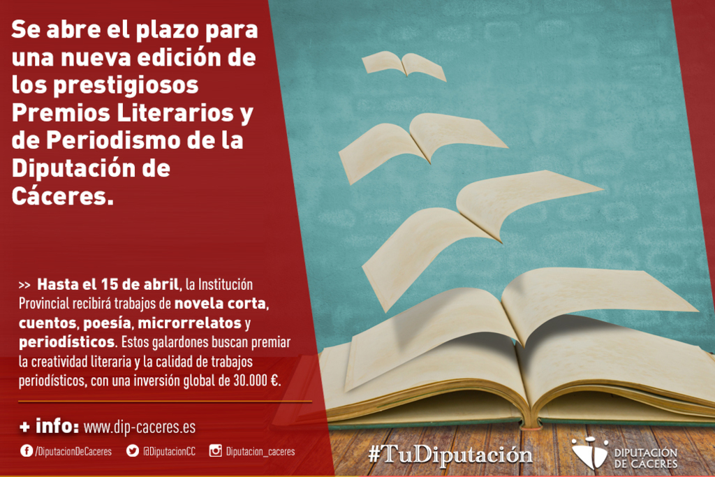 Se abre el plazo para una nueva edición de los Premios Literarios y de Periodismo de la Diputación de Cáceres
