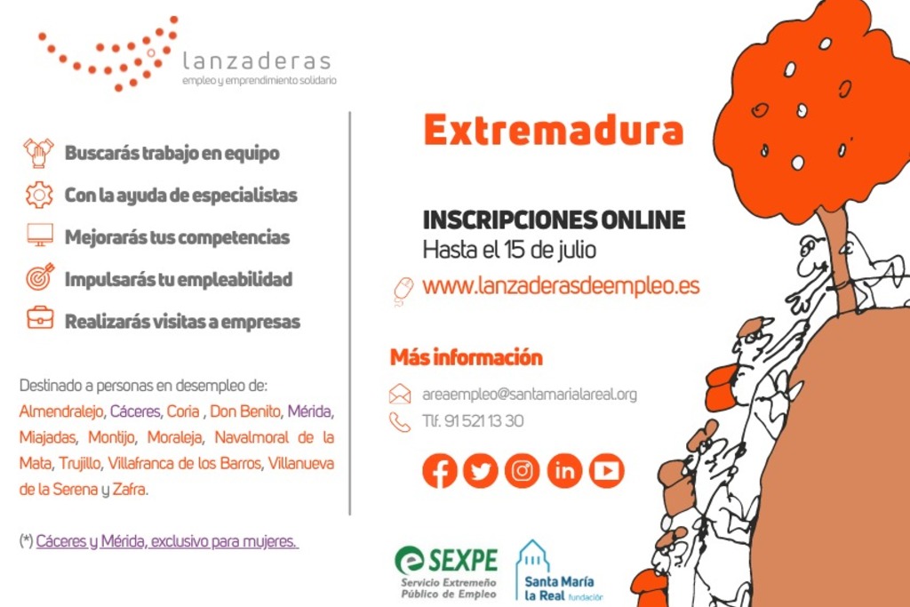Ampliado el plazo de inscripción de las 13 Lanzaderas de Empleo de Extremadura hasta el 15 de julio