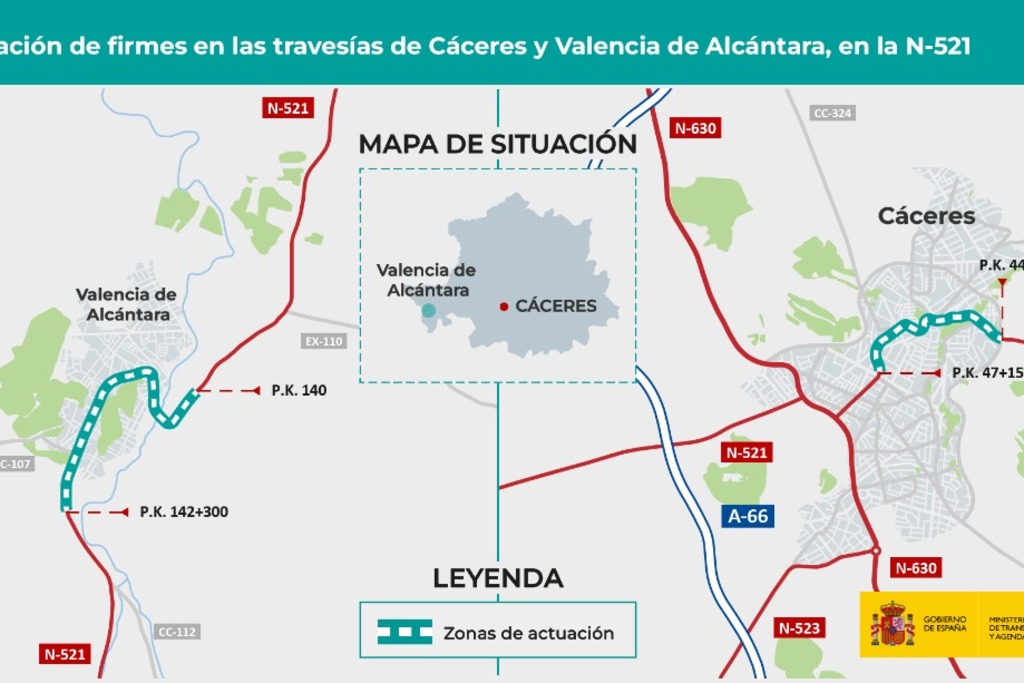 Mitma formaliza por 542.322 euros las obras de rehabilitación de las travesías de Cáceres y Valencia de Alcántara en la carretera N-521