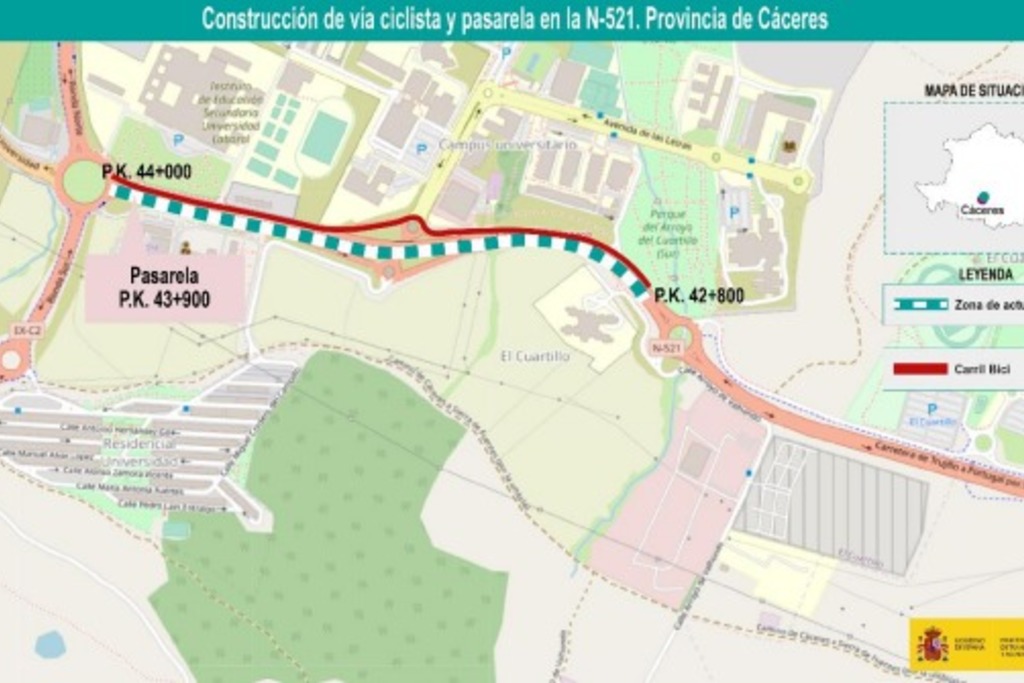 Mitma aprueba el proyecto de trazado para  construir una vía ciclista y una pasarela en  la carretera N-521 por 2,8 millones de euros  en Cáceres