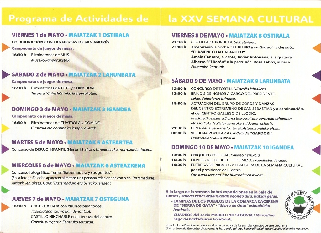 XXV Semana Cultural del Centro Extremeño de Mondragón Programa  de actividades