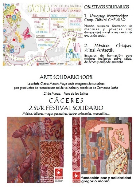 Carteles y promos. Exposiciones 2.sur Festival solidario. CÁCERES. Arte solidario Gloria Moran Mayo